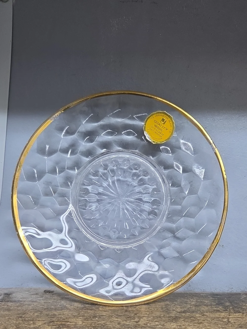 Vintage Jeanette Glass Mayo Bowl With Under Plate 22k Gold Cubist Clear